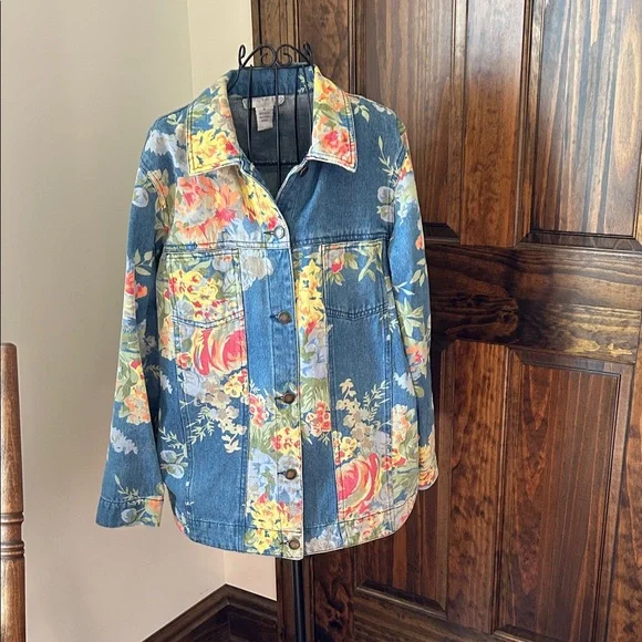Susan Graver Floral Jean Jacket - Blue and Multicolor - Picture 1 of 8